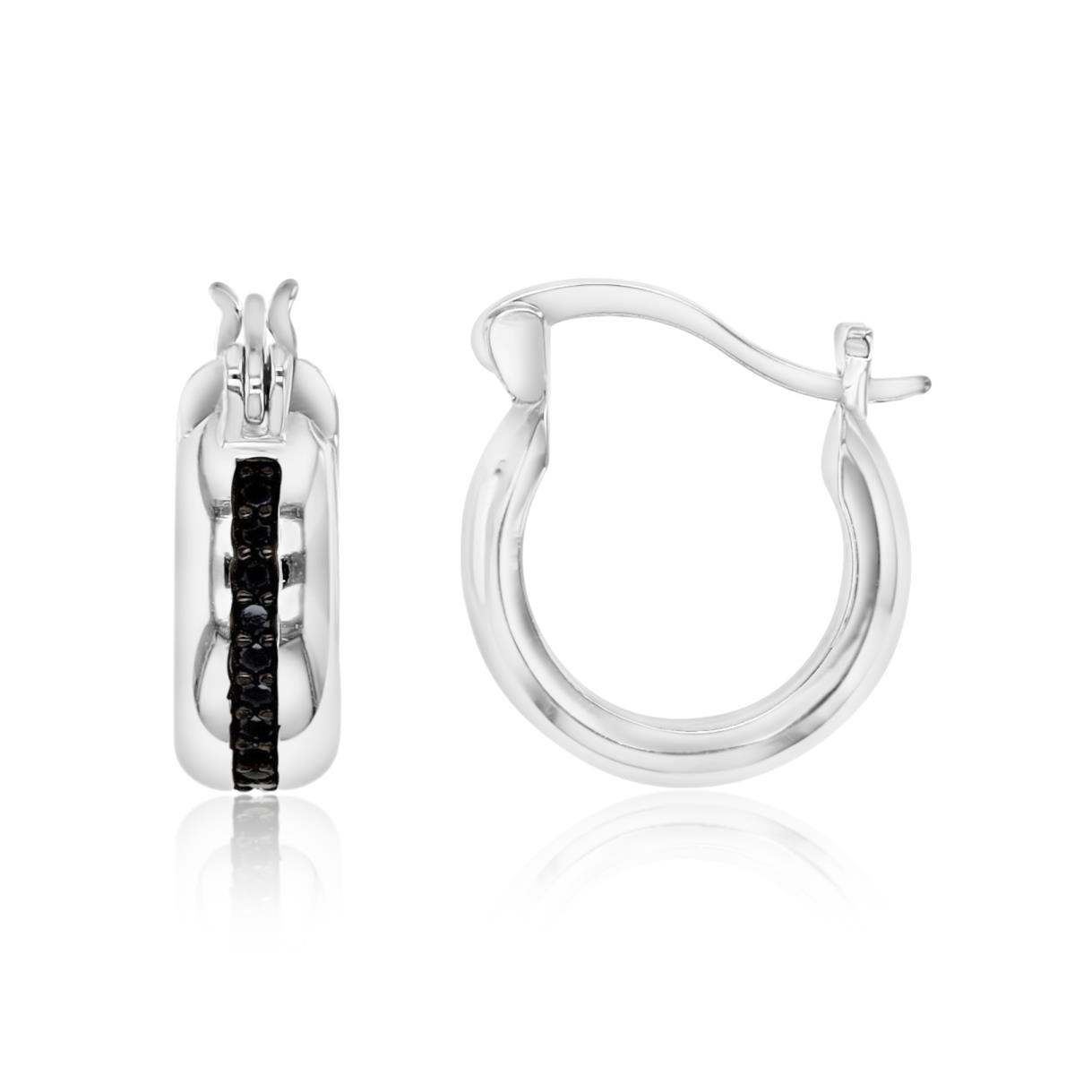 Sterling Silver Rhodium 14X4MM Polished Black Spinel Pave Huggie Earring