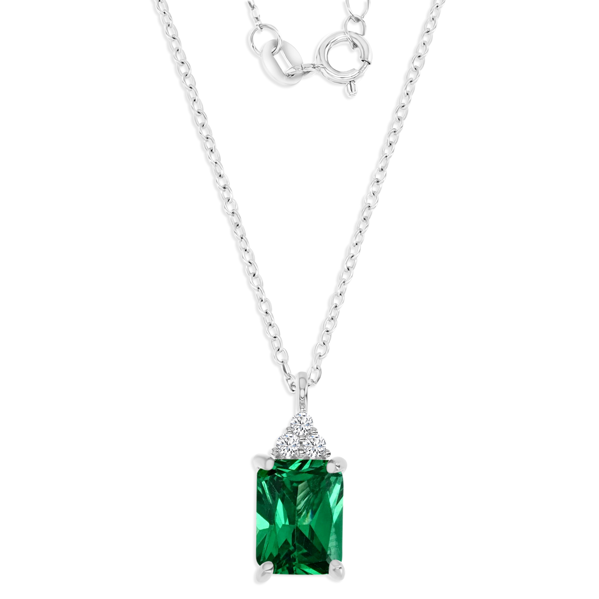 Sterling Silver Rhodium 8X6MM Polished Green & White CZ Emerald Cut Dangling 18''Necklace