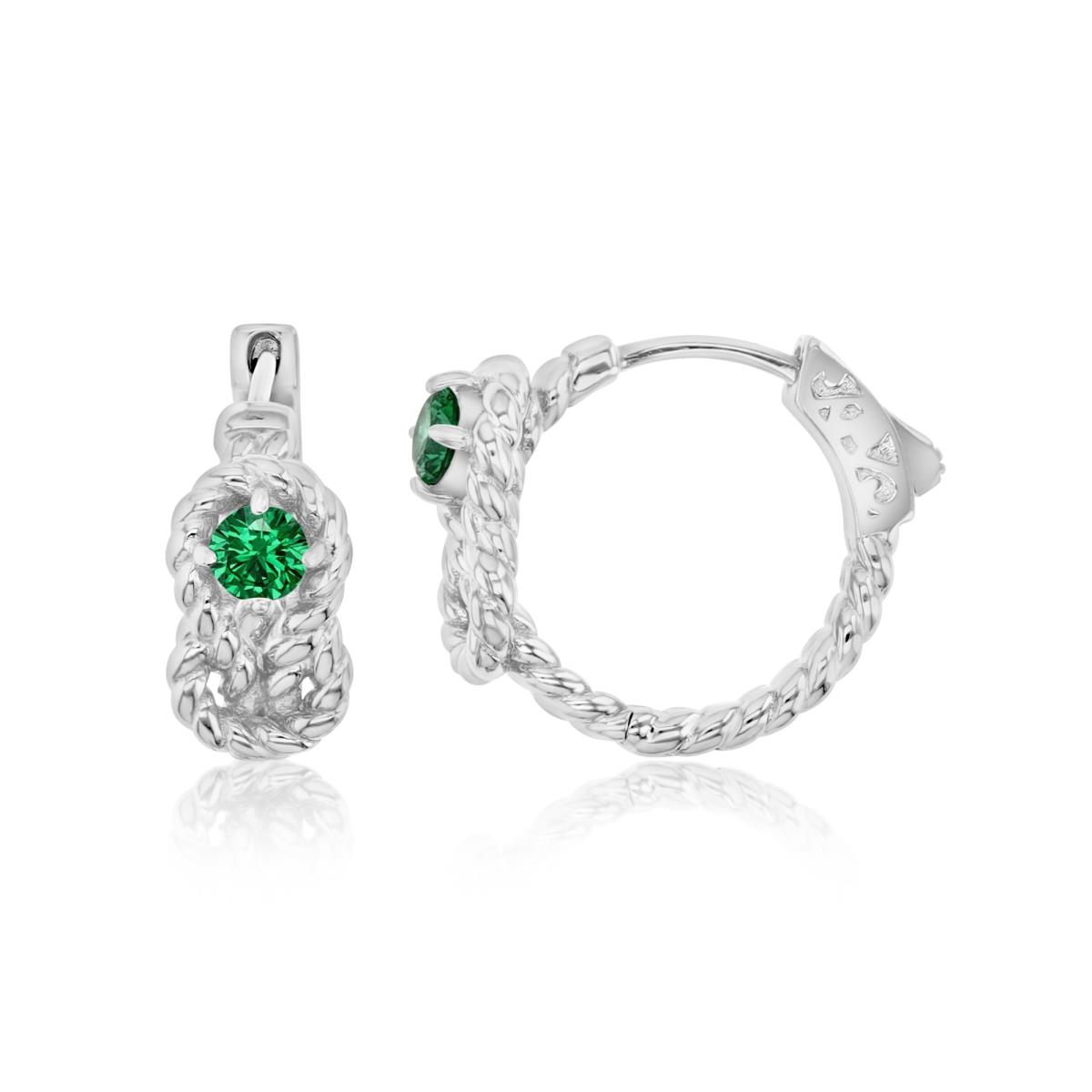 Sterling Silver Rhodium Polished Green CZ Twisted Hoop Earring