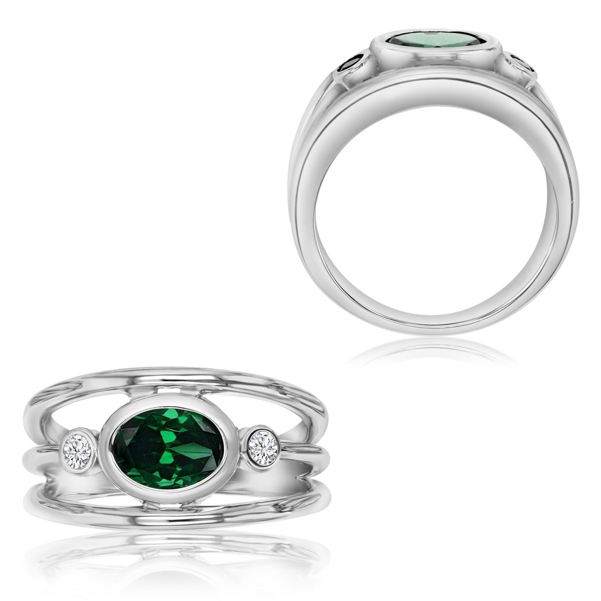 Sterling Silver Rhodium 8X6MM Polished Green & White CZ Oval Shape Wide Band Ring