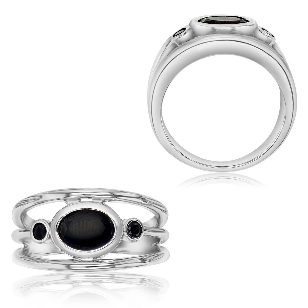Sterling Silver Rhodium 8X6MM Polished Black Spinel Oval Shape Wide Band Ring