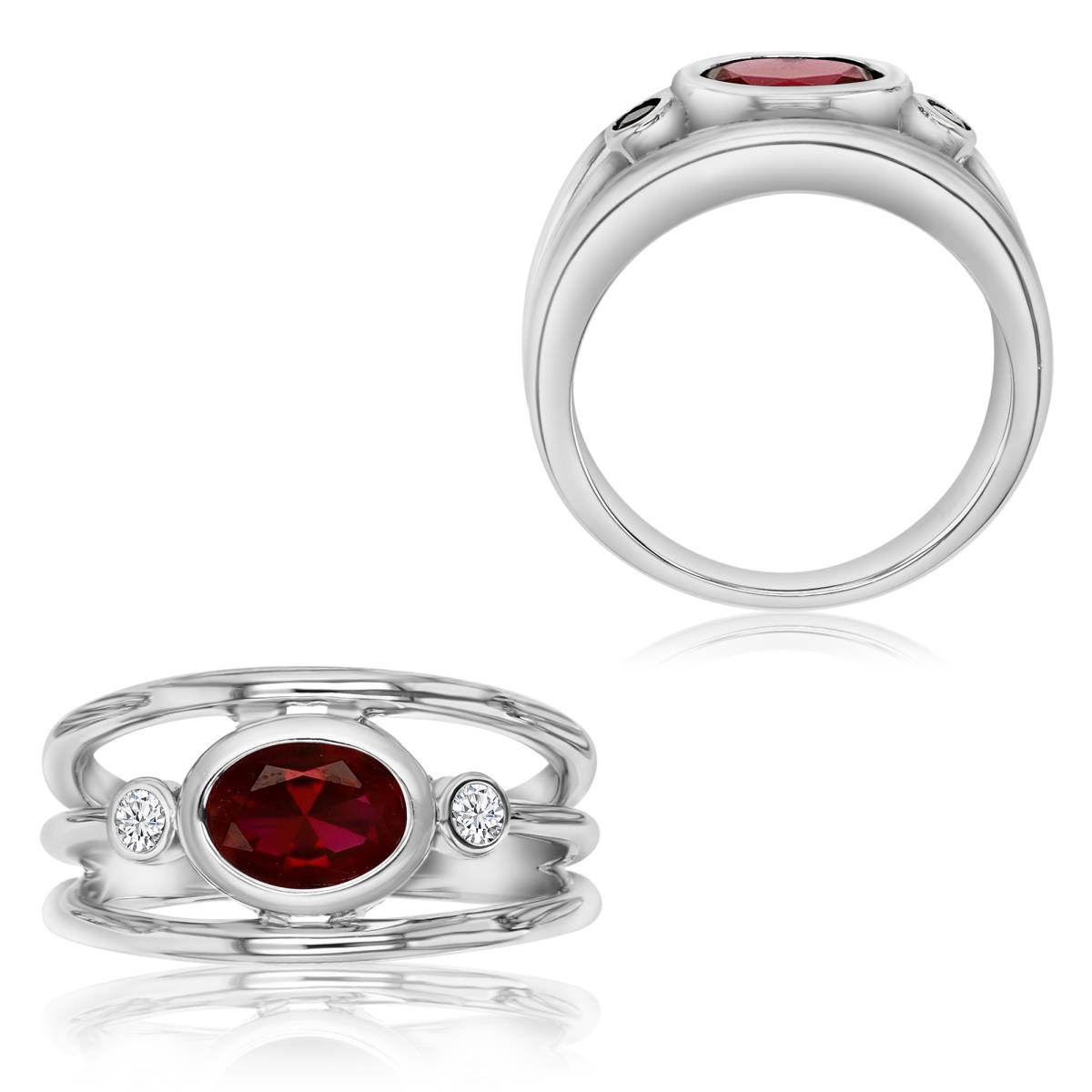 Sterling Silver Rhodium 8X6MM Polished Cr Ruby & Cr White Sapphire Oval Shape Wide Band Ring