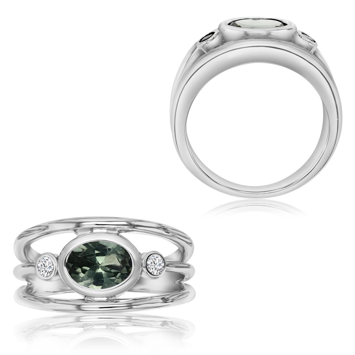 Sterling Silver Rhodium 8X6MM Polished Cr Green Spinel & Cr White Sapphire Oval Shape Wide Band Ring