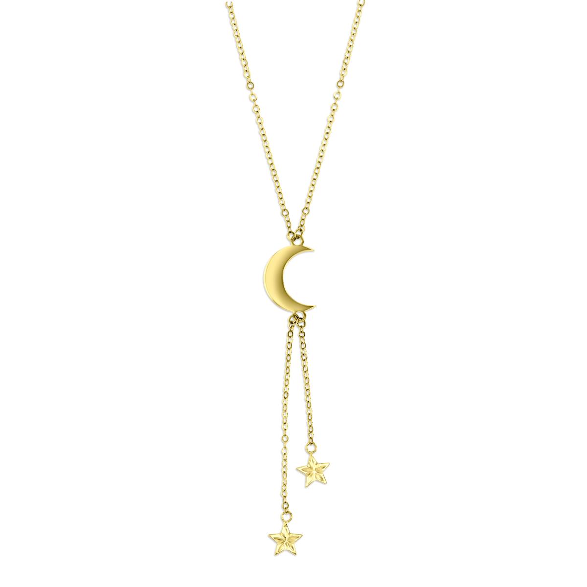 14K Yellow Gold Moon & Star Polished & Diamond Cut 17" Drop Necklace