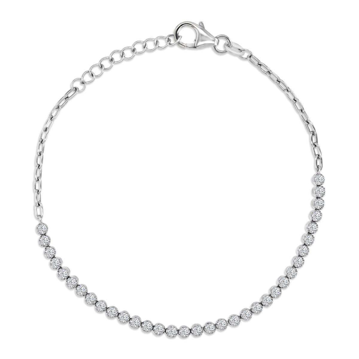 Sterling Silver Rhodium 2MM Polished White CZ Half Paperclip Half Tennis 9+1'' Anklet