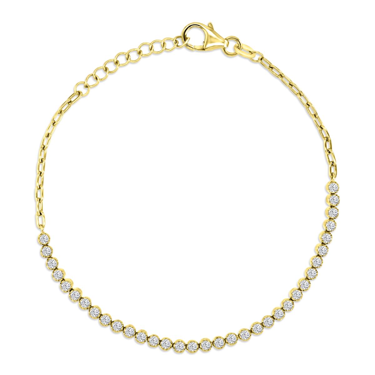 Sterling Silver Yellow 1M 2MM Polished White CZ Half Paperclip Half Tennis 7+1'' Bracelet