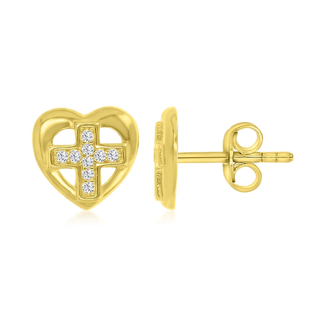 Sterling Silver Yellow 1M Polished White CZ Heart Cross Stud Earring