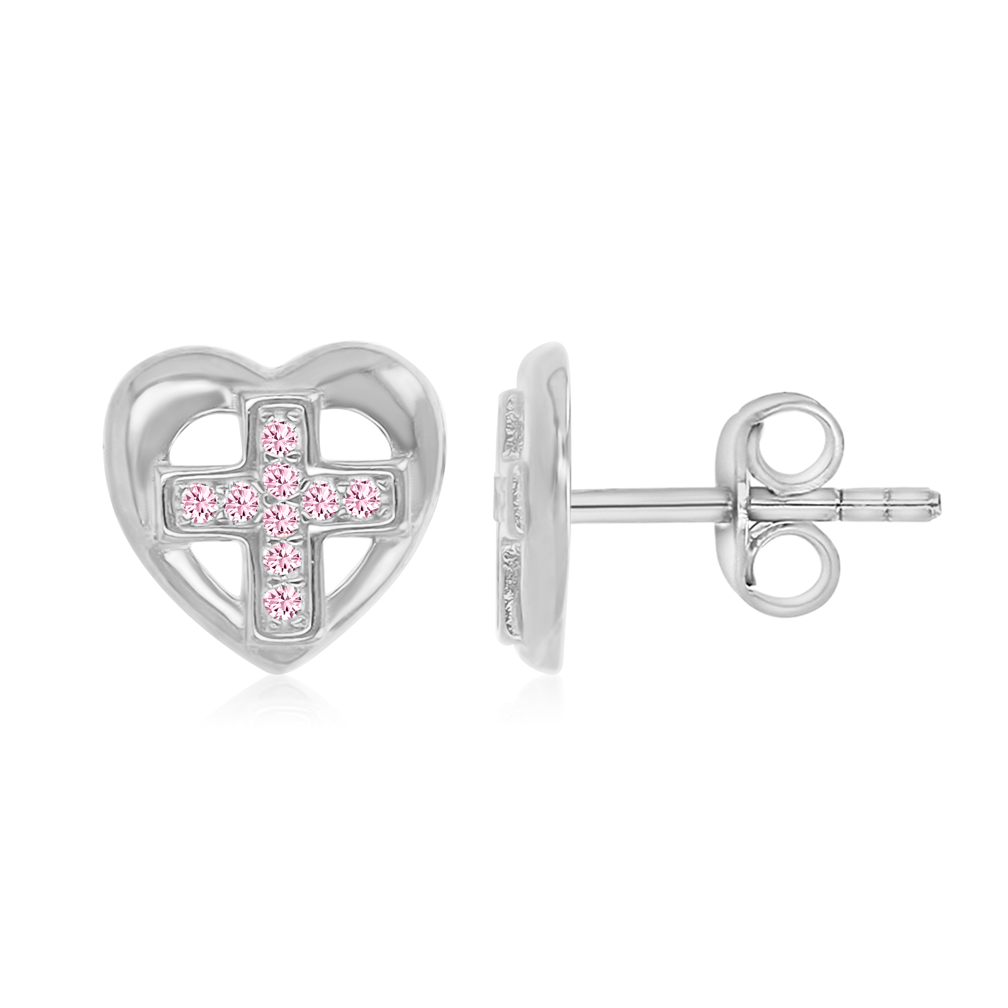 Sterling Silver Rhodium Polished Pink CZ Heart Cross Stud Earring