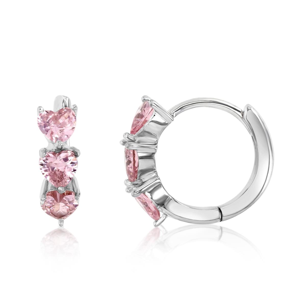 Sterling Silver Rhodium 4MM Polished Pink CZ Heart Huggie Earring