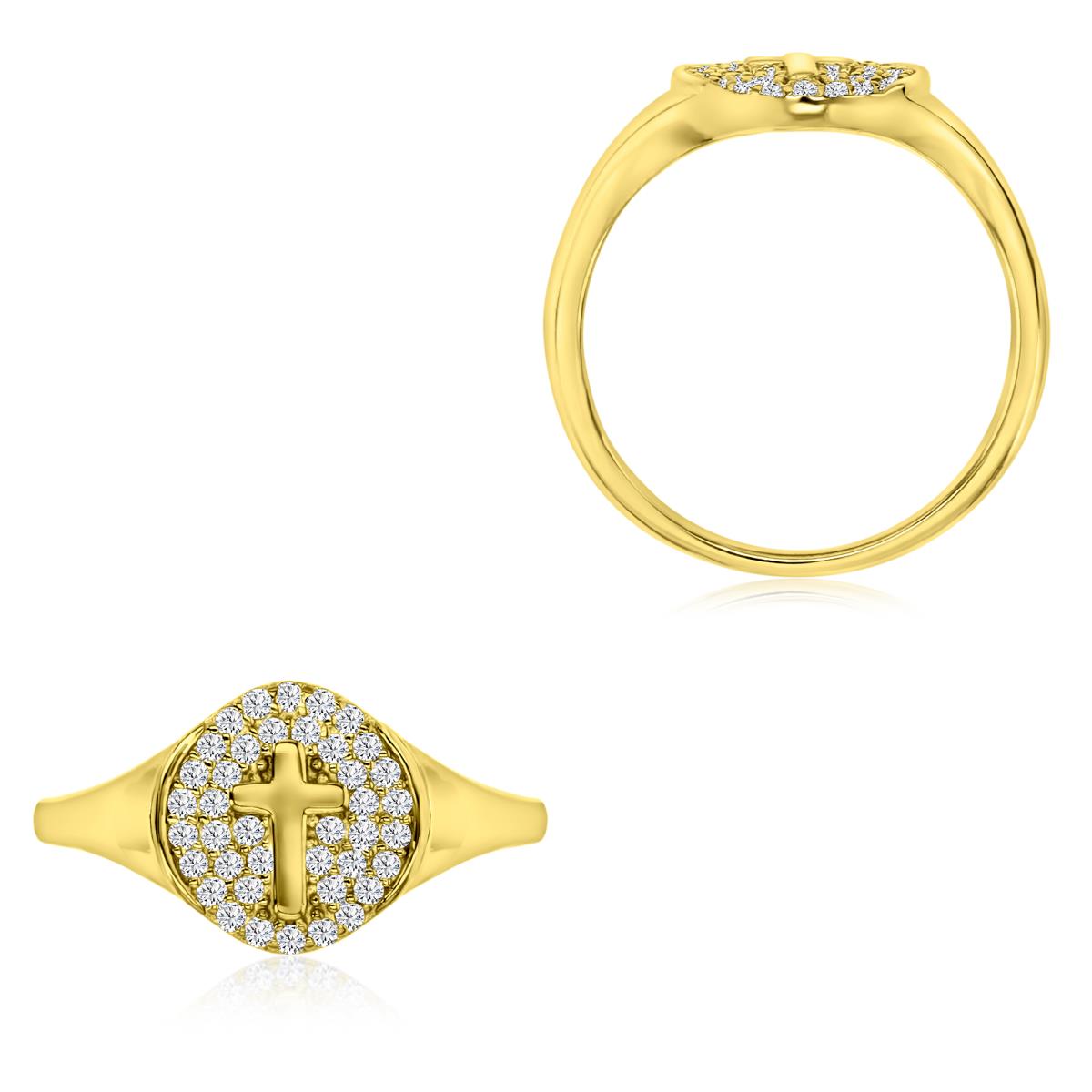 Sterling Silver Yellow 1M Polished White CZ Pave Cross Signet Ring
