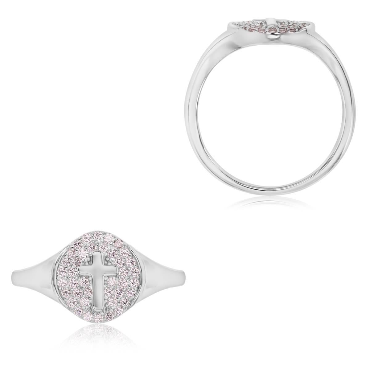Sterling Silver Rhodium Polished Pink CZ Pave Cross Signet Ring