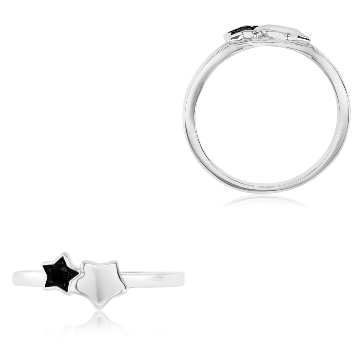 Sterling Silver Rhodium Black Spinel Double Star Ring