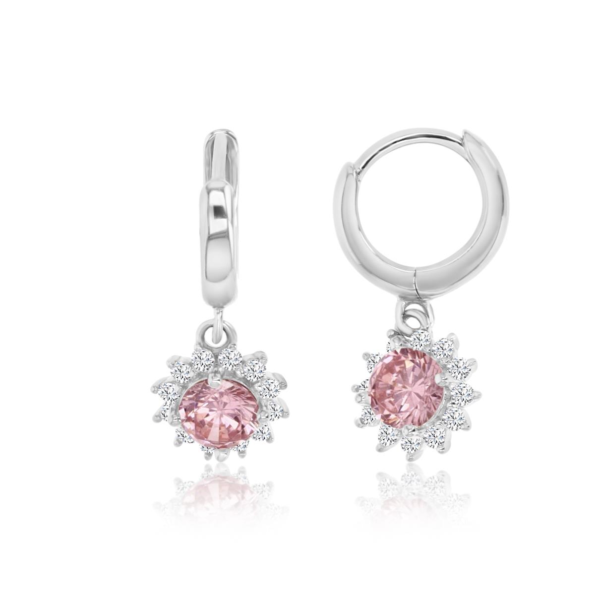 Sterling Silver Rhodium Polished Pink & White CZ Halo Dangling Huggie Earring