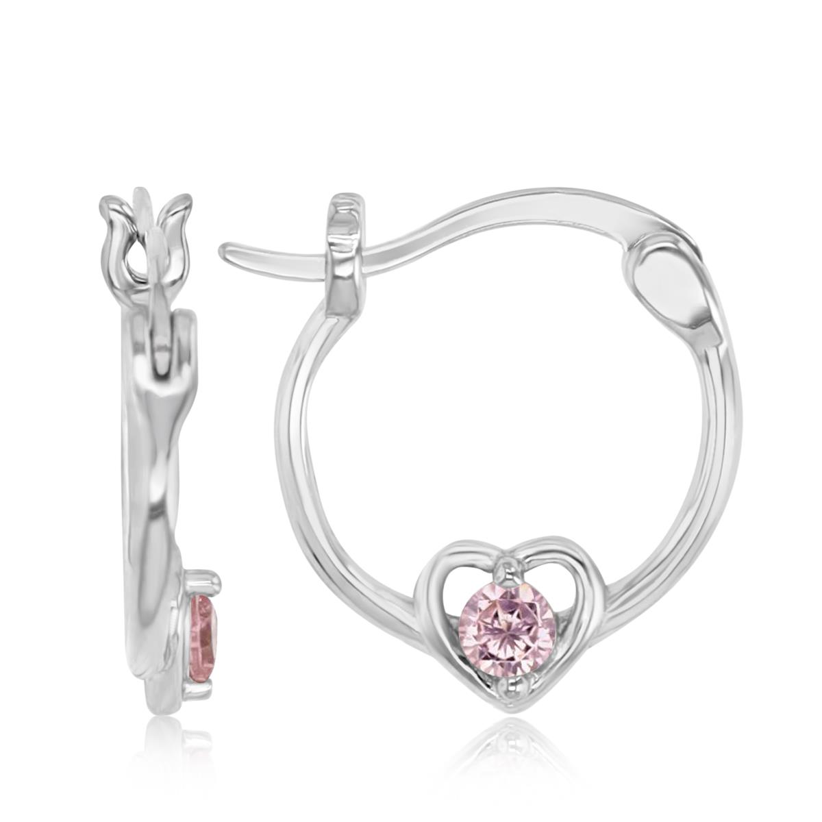 Sterling Silver Rhodium Polished Pink CZ Heart Hoop Earring