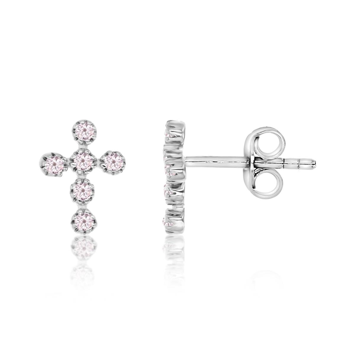 Sterling Silver Rhodium 7X5MM Polished Pink CZ  Pave Cross Stud Earring