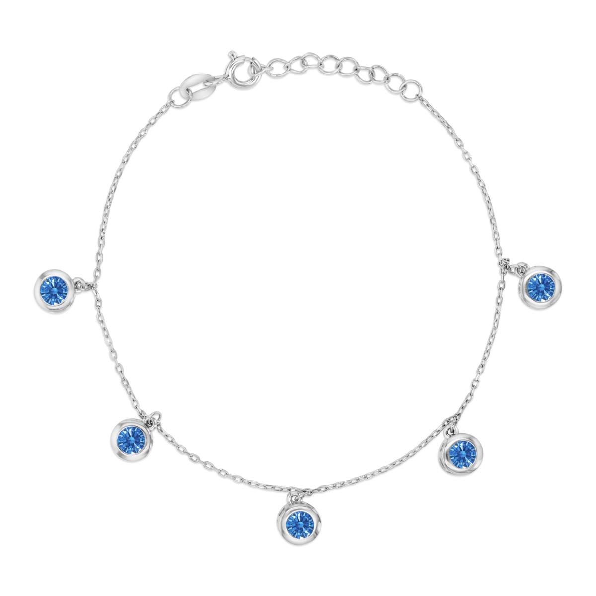 Sterling Silver Rhodium 6mm Polished Cr Blue Spinel Bezel Dangling 7+1" Bracelet