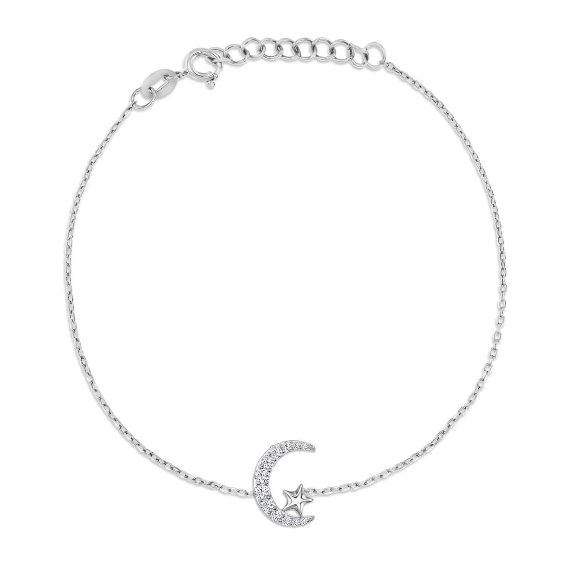 Sterling Silver Rhodium 18mm Polished White CZ Pave Moon & Star 7+1" Bracelet