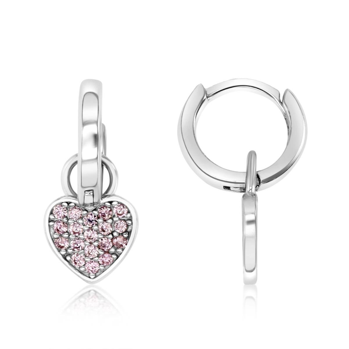 Sterling Silver Rhodium Polished Pink CZ Pave Heart Dangling Huggie Earring