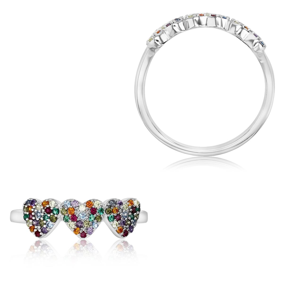 Sterling Silver Rhodium Polished Multicolor CZ Triple Heart  Ring