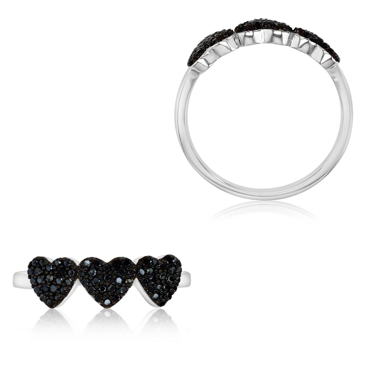 Sterling Silver Rhodium Polished Black Spinel Triple Heart  Ring