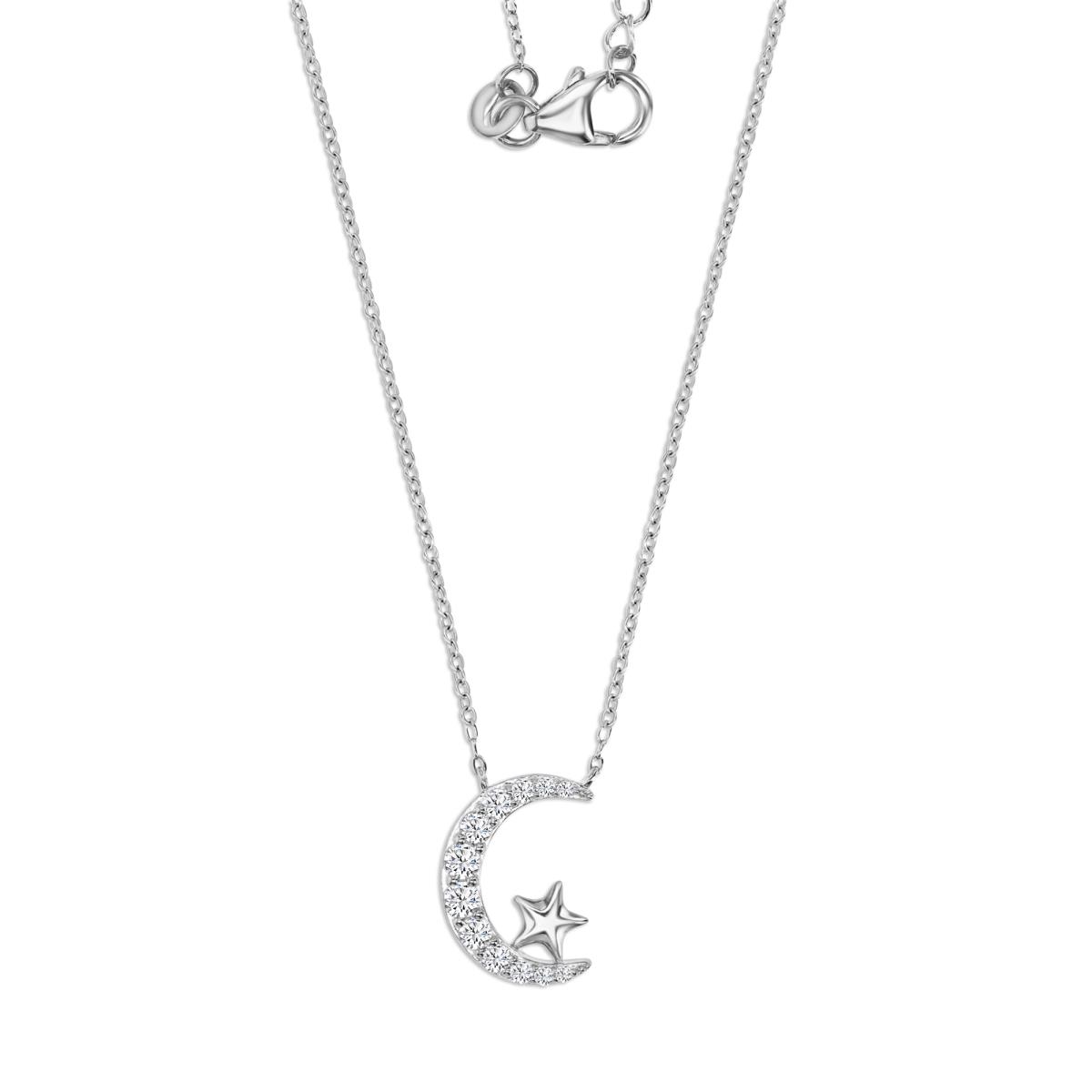 Sterling Silver Rhodium 18MM Polished White CZ Moon & Star16+2'' Necklace