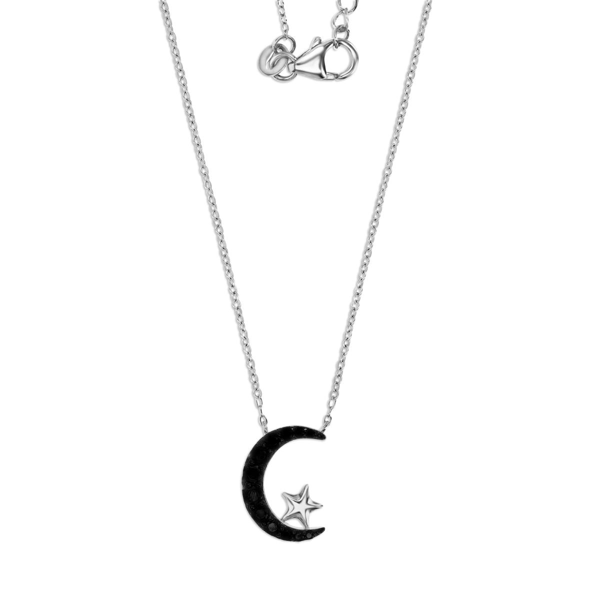 Sterling Silver Rhodium 18MM Polished Black Spinel Moon & Star16+2'' Necklace