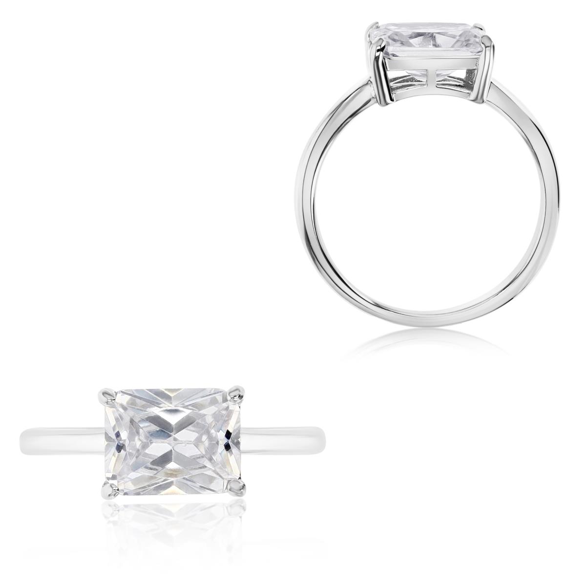 Sterling Silver Rhodium 9X7MM Polished White Cz Emerald Cut 4 Prong Solitaire Engagement Ring