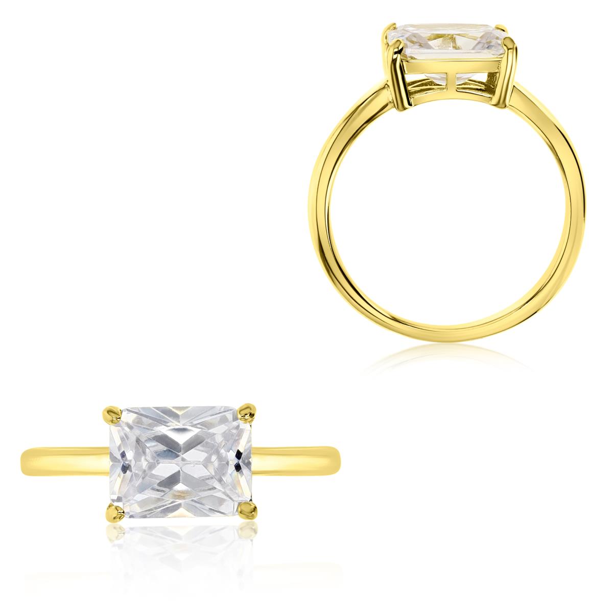 Sterling Silver Yellow 9X7MM Polished White Cz Emerald Cut 4 Prong Solitaire Engagement Ring