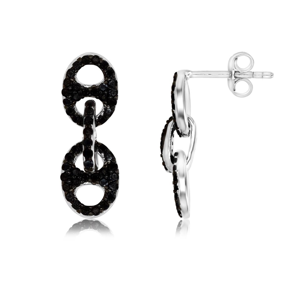 Sterling Silver Rhodium 20X6MM Polished Black Spinel Pave Paperclip Dangling Earring