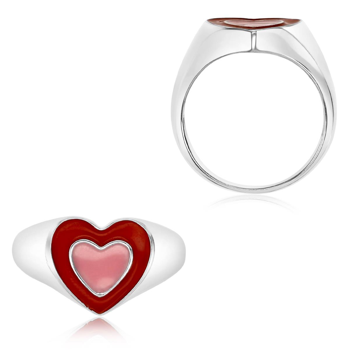 Sterling Silver Rhodium Polished Red & Pink Enamel Heart Ring