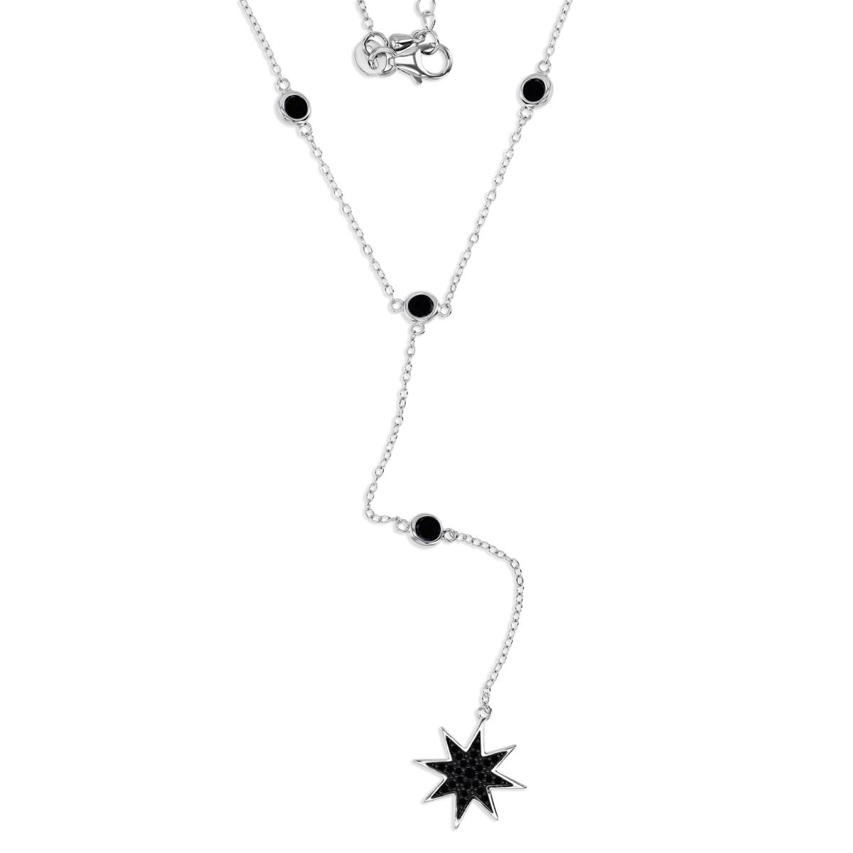 Sterling Silver Rhodium 16MM Polished Black Spinel Pave Dangling Star Station 'Y' 18+2'' Necklace