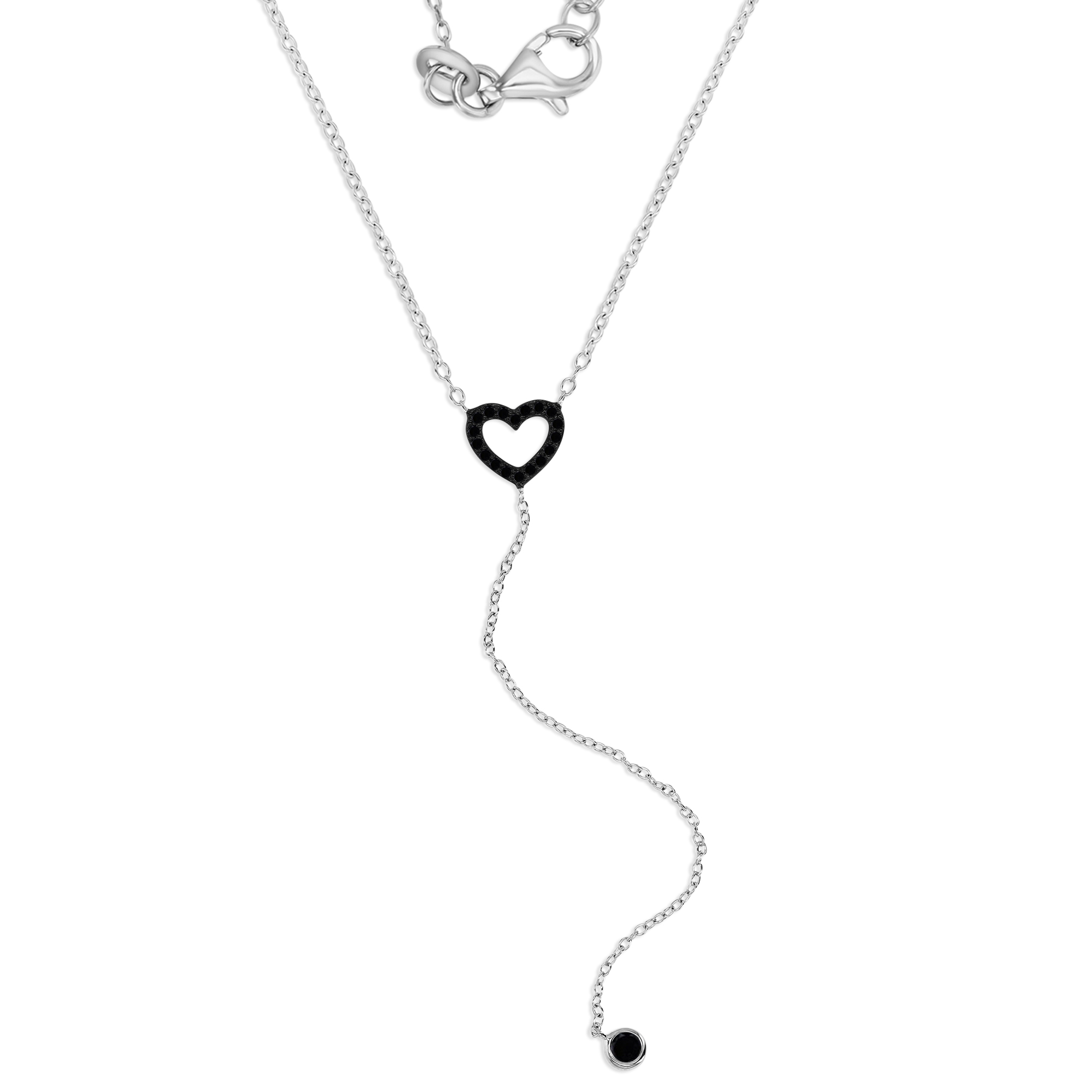 Sterling Silver Rhodium 11MM Polished Black Spinel Cut Out Heart 'Y' 18+2'' Necklace