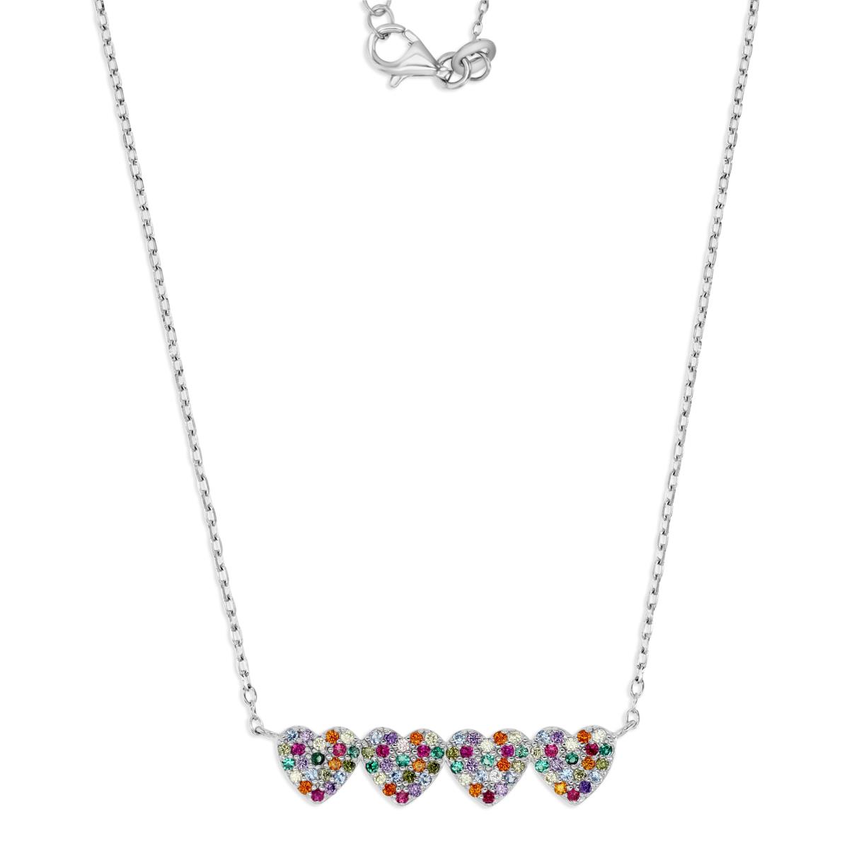 Sterling Silver Rhodium Polished Multicolor CZ 6MM Pave 4-Heart Dangling 16+2'' Necklace