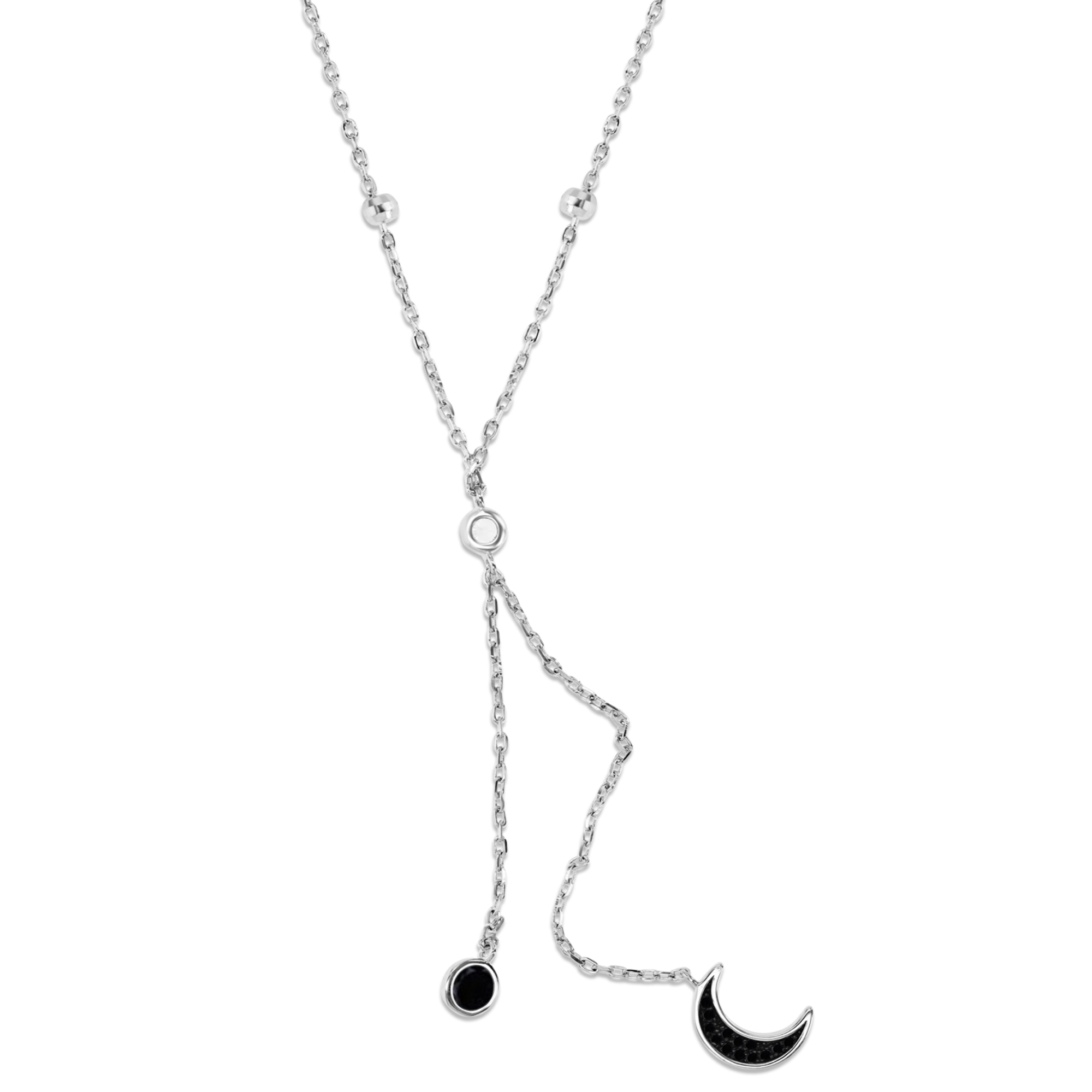 Sterling Silver Rhodium 12MM Polished Black Spinel Station Bezel Dangling Moon 'Y' 18+2'' Necklace