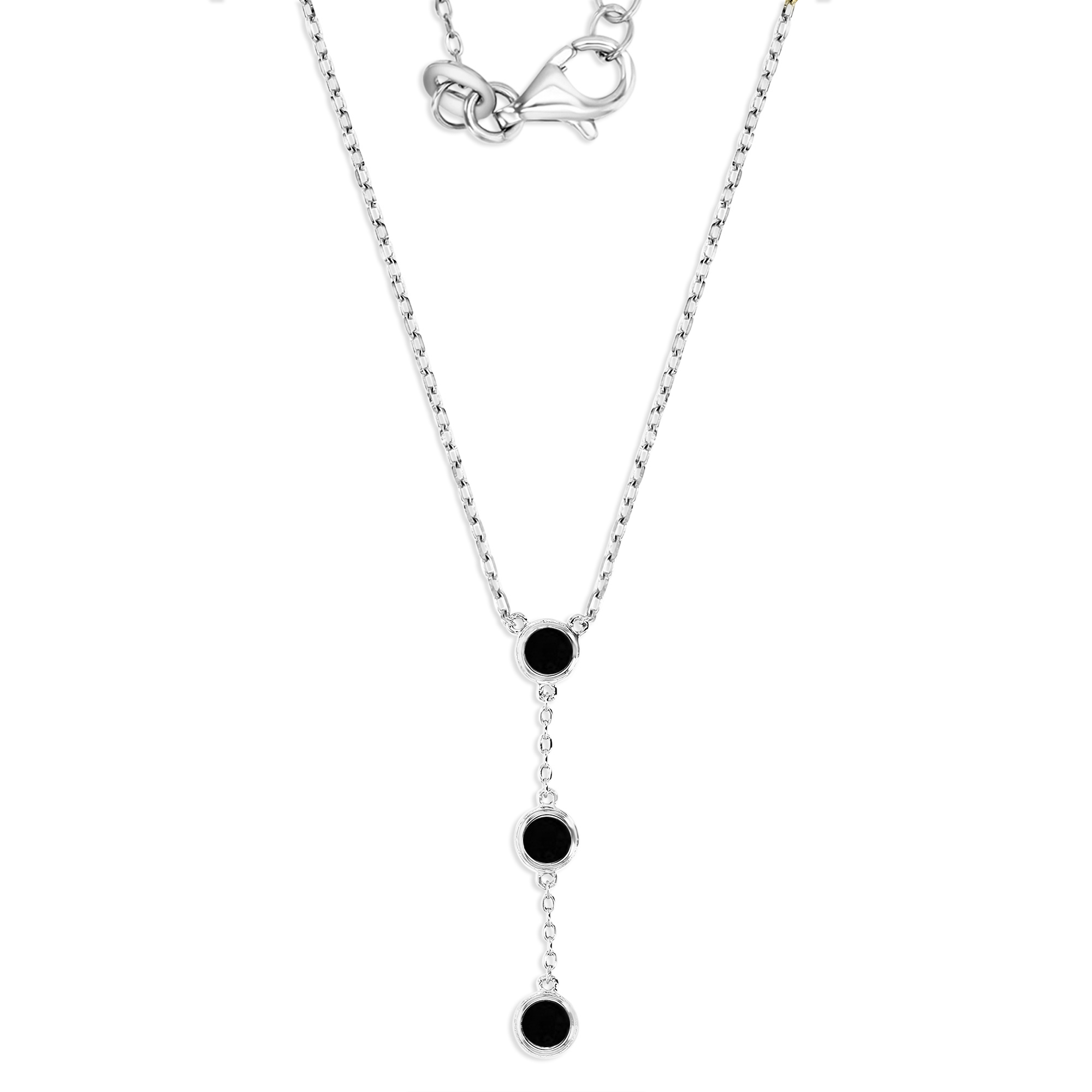 Sterling Silver Rhodium 35MM Polished Black Spinel Bezel 'Y' 18+2'' Necklace