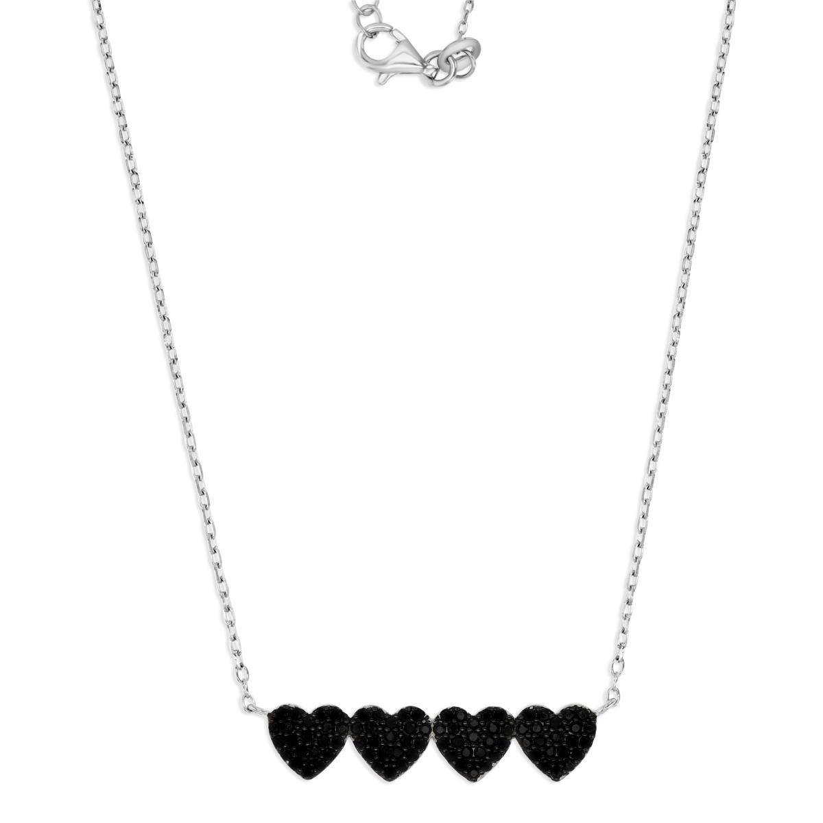 Sterling Silver Rhodium Polished Black Spinel 6MM Pave 4-Heart Dangling 16+2'' Necklace