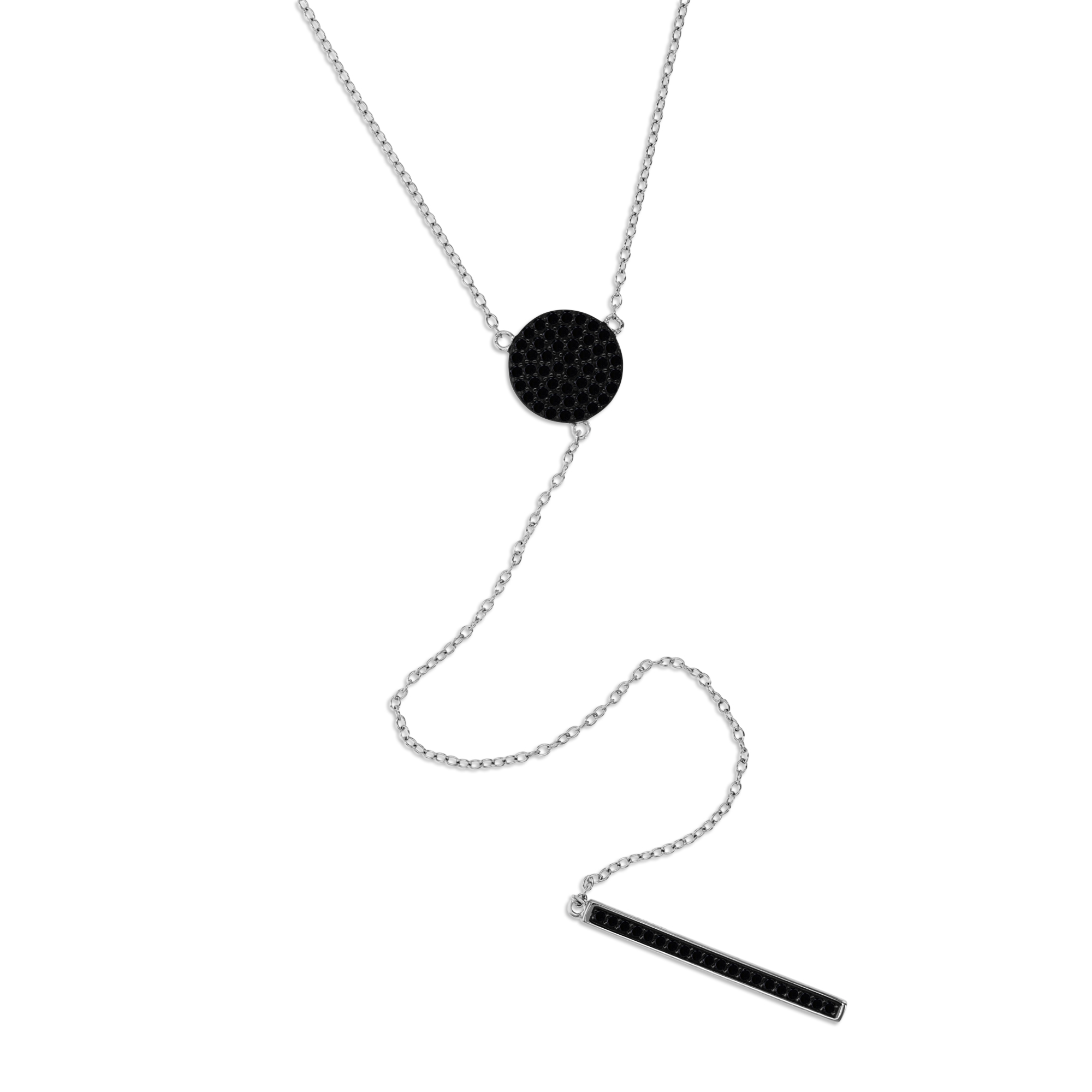 Sterling Silver Rhodium 17MM Polished Black Spinel Pave Dangling Bar 'Y' 18+2'' Necklace