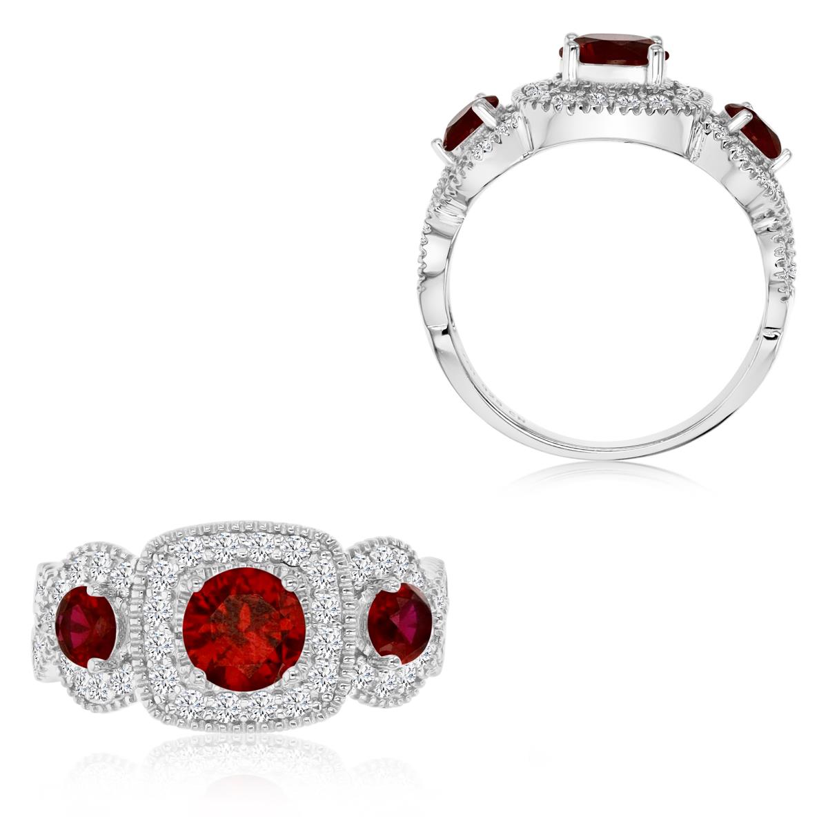 Sterling Silver Rhodium 6MM Polished Cr Ruby & White CZ Halo Ring