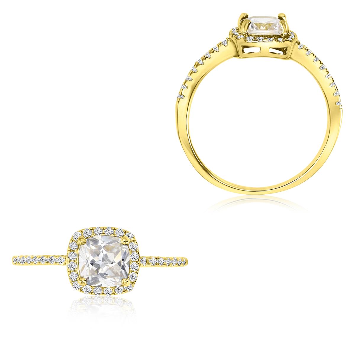 Sterling Silver Yellow 6MM Polished White CZ Halo Solitaire Ring