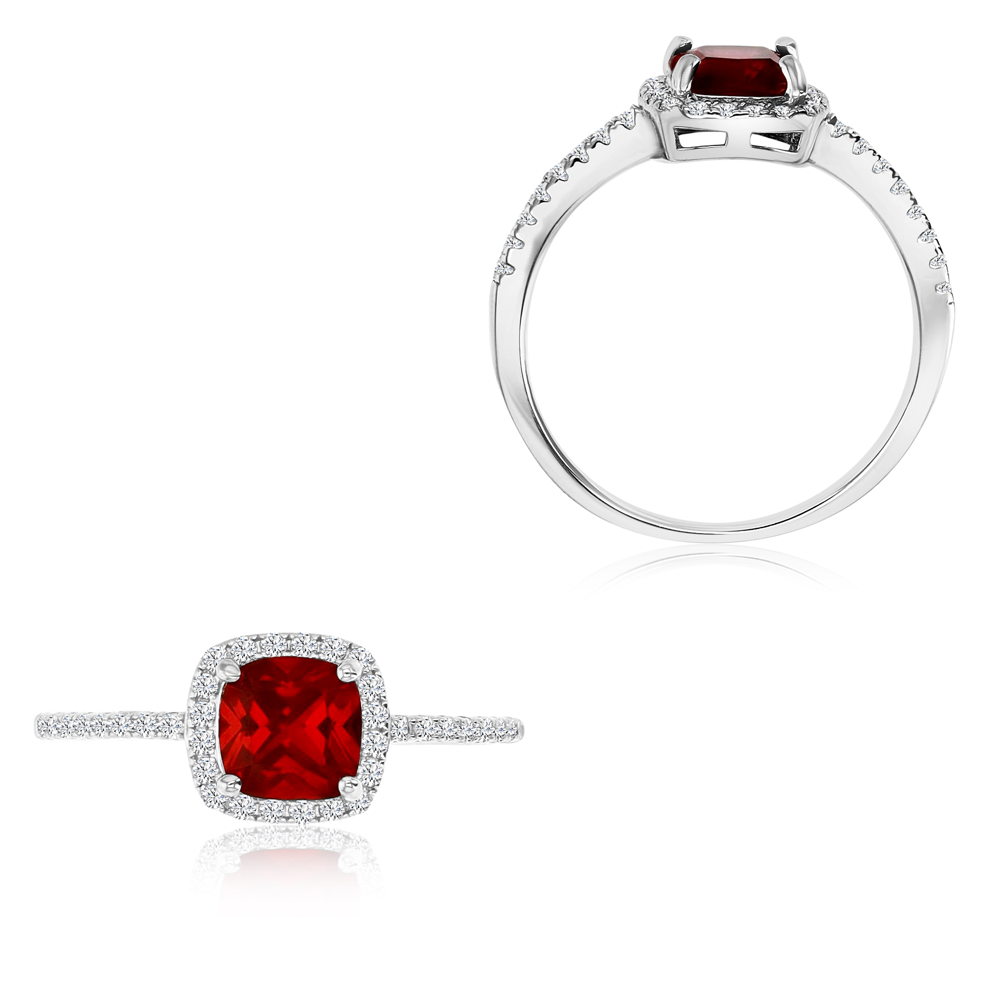 Sterling Silver Rhodium 6MM Polished Cr Ruby & Cr White Sapphire Halo Solitaire Ring