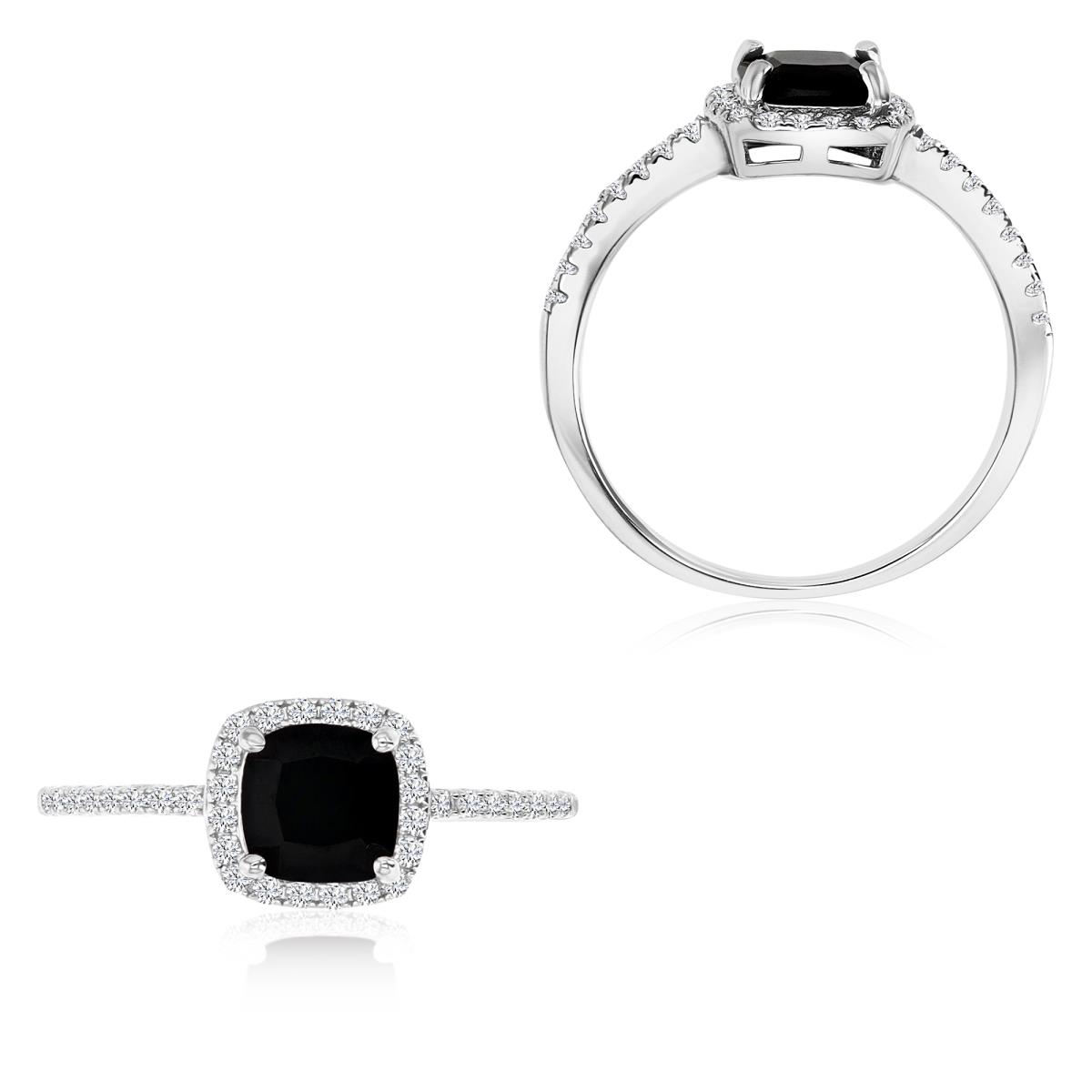Sterling Silver Rhodium 6MM Polished Black Spinel & Cr White Sapphire Halo Solitaire Ring