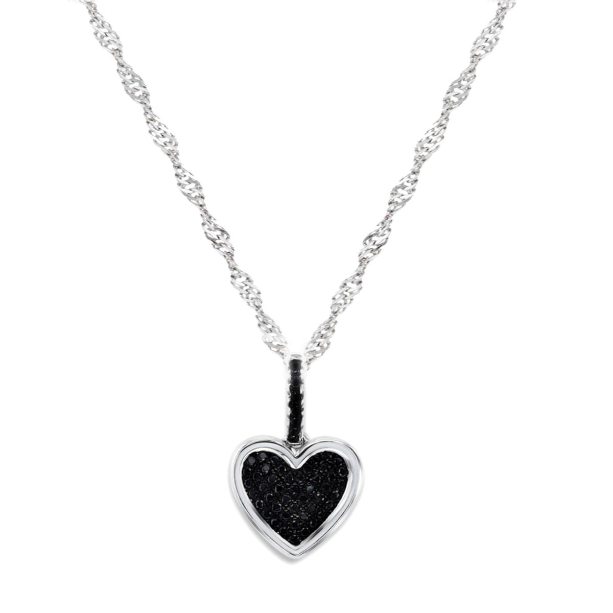 Sterling Silver Rhodium 28X13MM Polished Black Spinel  Pave Heart & White Enamel Dangling 18+2'' Singapore Necklace