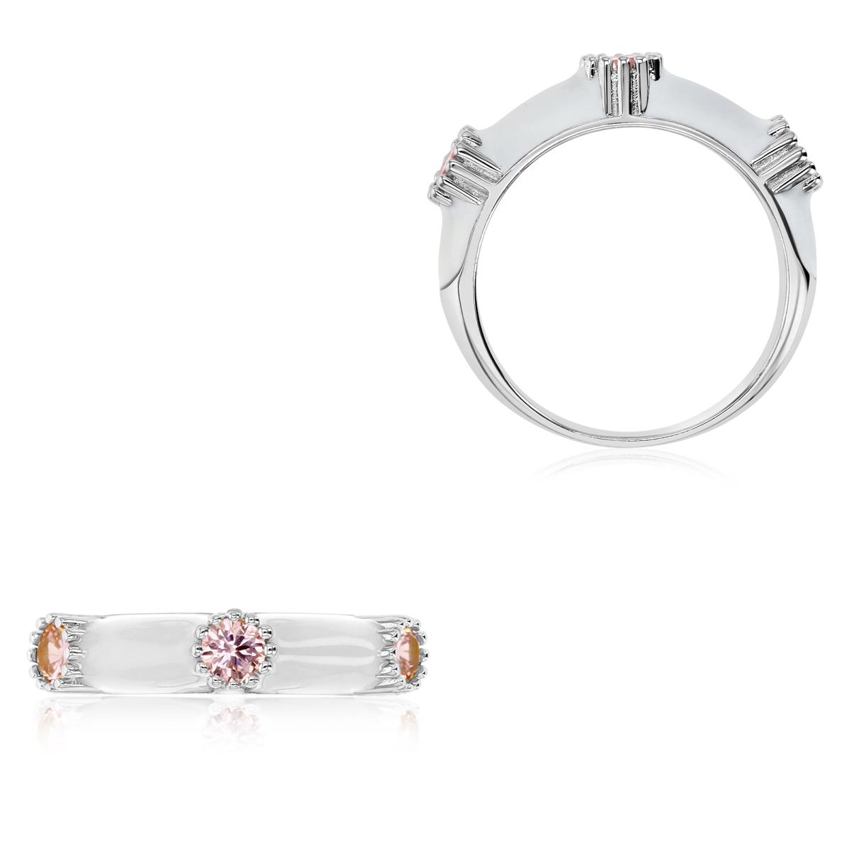 Sterling Silver Rhodium 4.5MM Polished Pink CZ & White Enamel 3 Stone Ring
