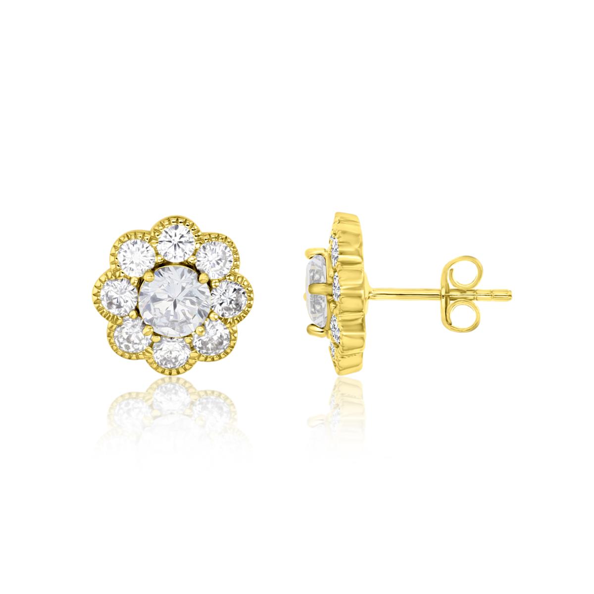 Sterling Silver Yellow 1M 12MM Polished White CZ Flower Stud Earring