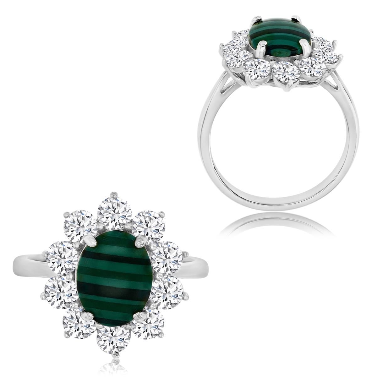 Sterling Silver Rhodium 18X15 MM White CZ & Oval Simulated Malachite Flower Ring