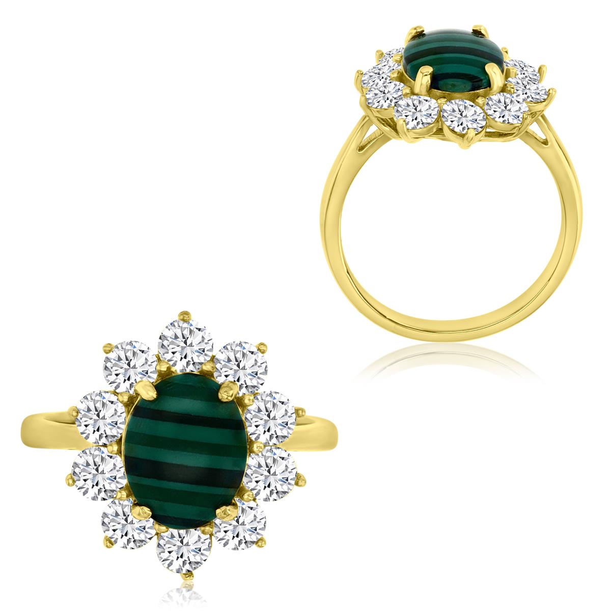 Sterling Silver Yellow 1M 18X15 MM White CZ & Oval Simulated Malachite Flower Ring
