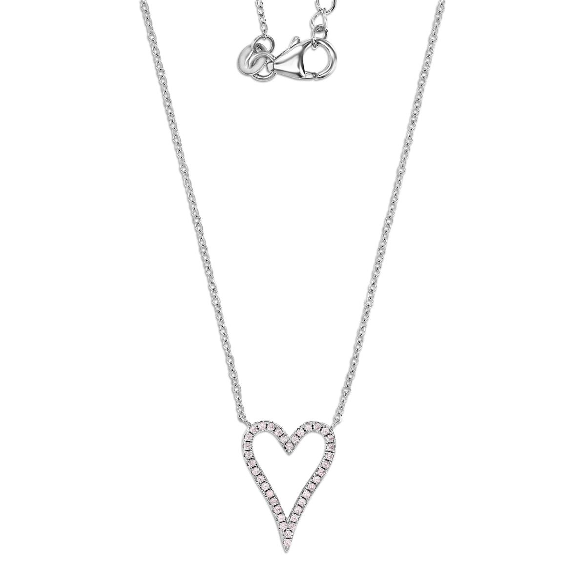 Sterling Silver Rhodium 20MM Polished Pink CZ Cut Out Dangling Heart 16+2'' Necklace