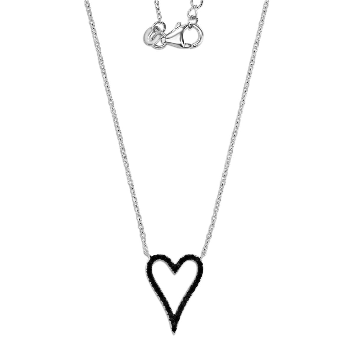 Sterling Silver Rhodium 20MM Polished Black Spinel  Cut Out Dangling Heart 16+2'' Necklace