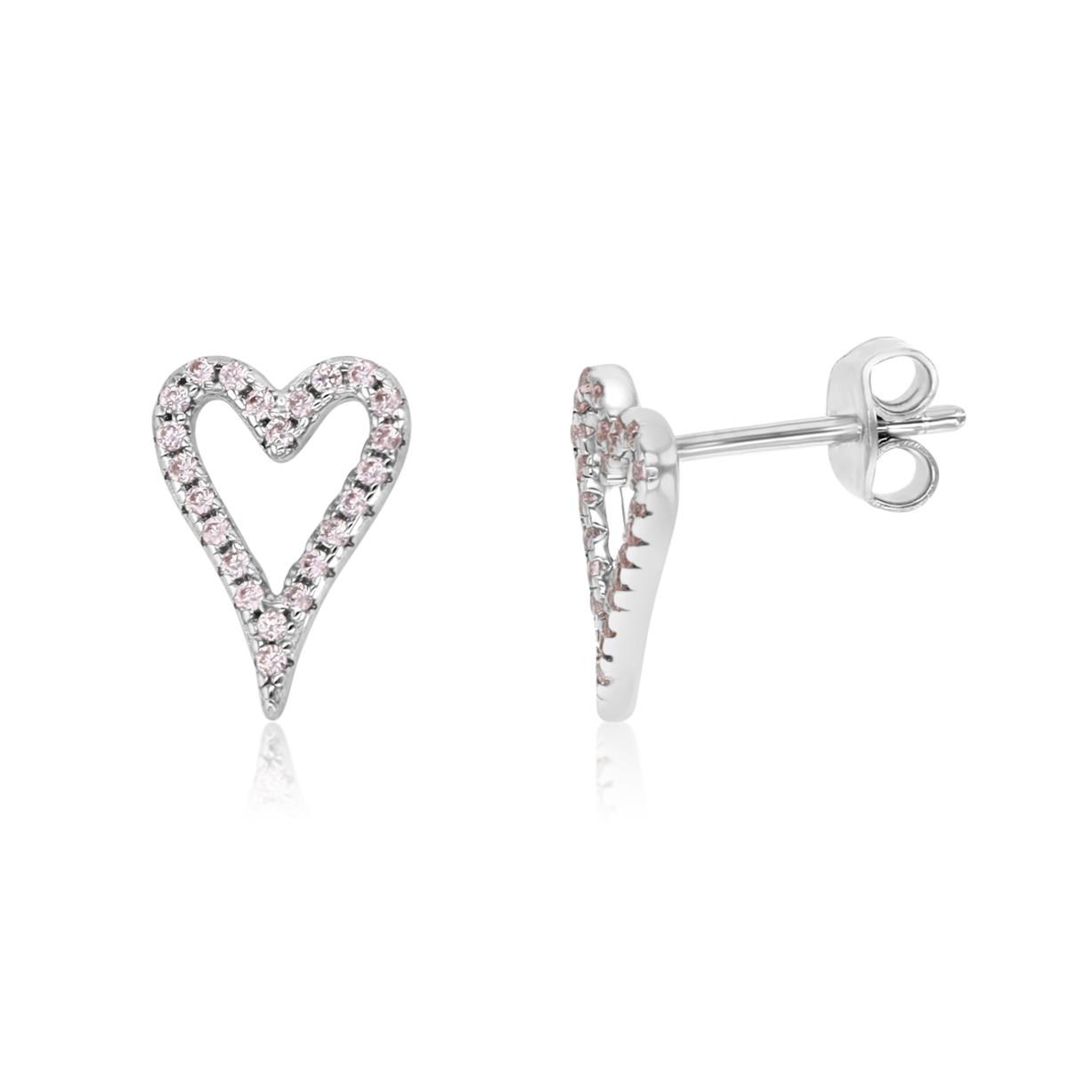 Sterling Silver Rhodium 12X8MM Polished Pink CZ Heart Cut Out Stud Earring