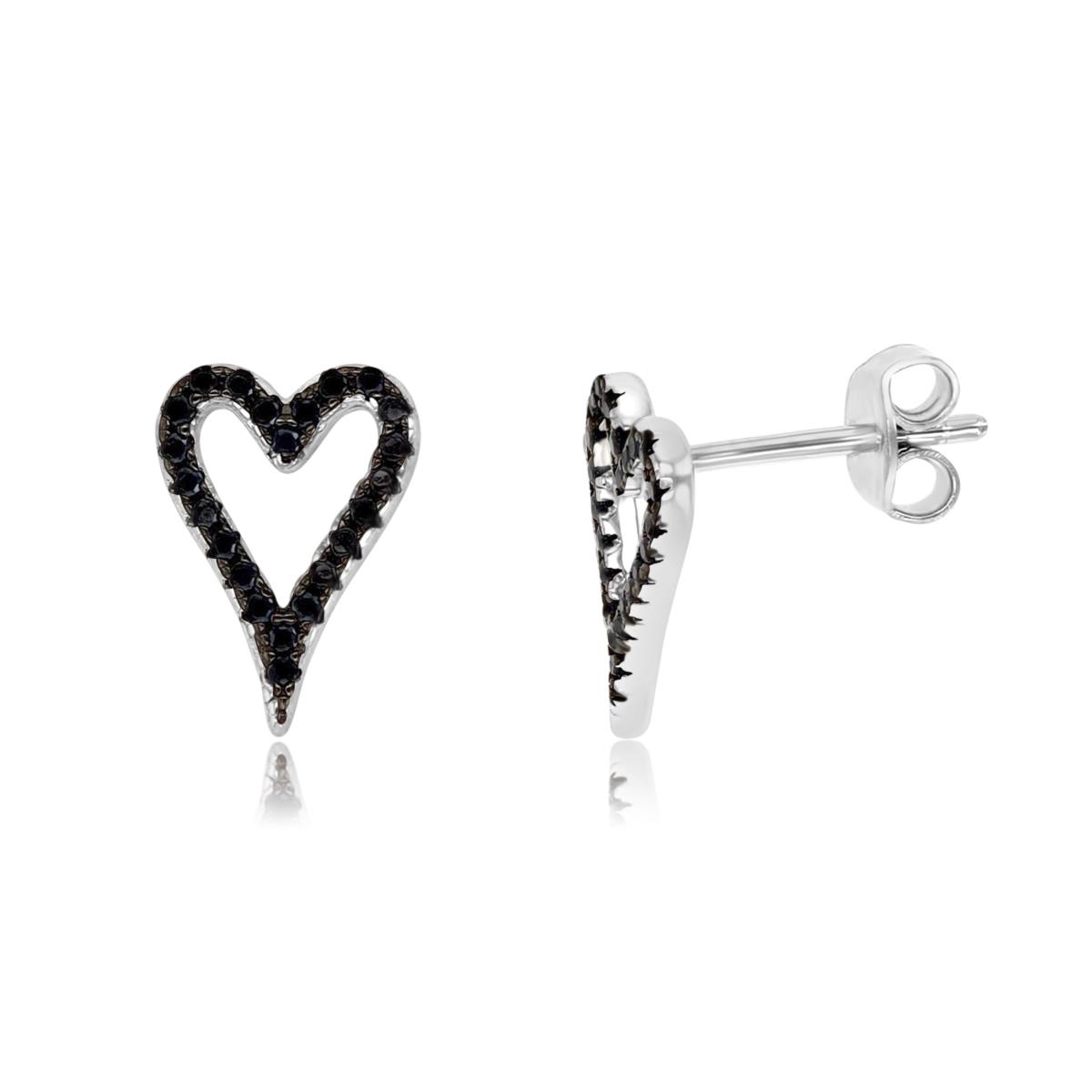 Sterling Silver Rhodium 12X8MM Polished Black Spinel Heart Cut Out Stud Earring